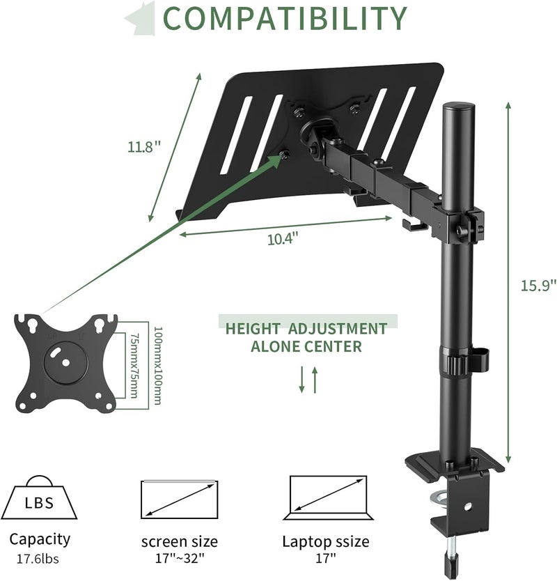 UPGRAVITY Laptop Desk Mount, Single Laptop Stand Arm with Vented Tray for 17 inch Notebook or 14”-32” Monitor, Holds up to 17.6 lbs, Fully Adjustable, Clamp/Grommet Mounting, VESA 75/100mm - Image 2